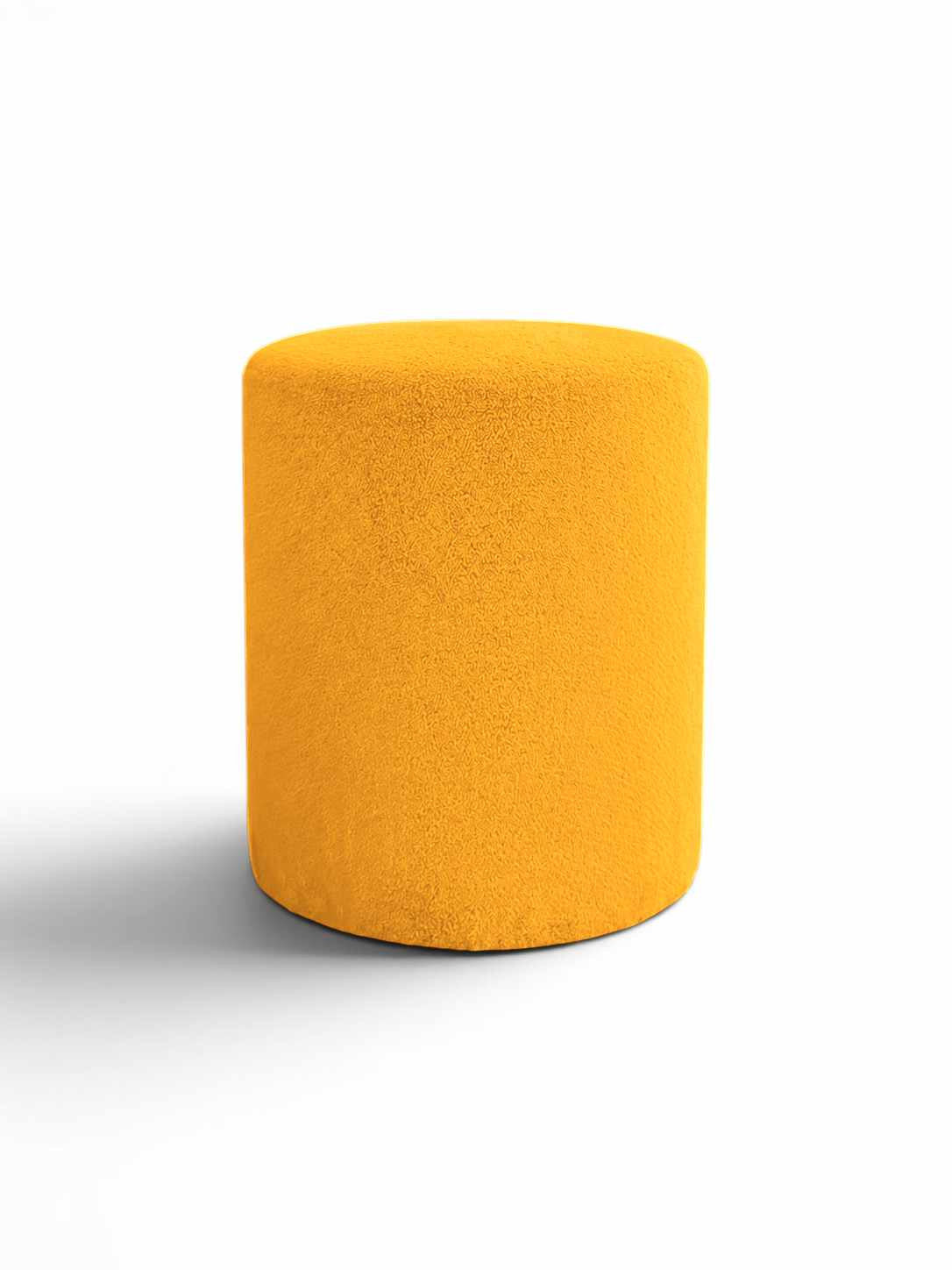 Runder gelber Pouf aus Wellsoft-Stoff mit Kunststoffbeinen, Sitzfläche aus melaminbeschichteter Spanplatte, Durchmesser 40 cm.