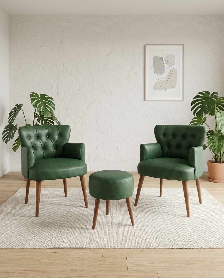 Grüner Ohrensessel mit Hocker aus PU-Leder, Beinen aus Hainbuche und Schaumstoffpolsterung, dreiteiliges Set von Hanah Home.
