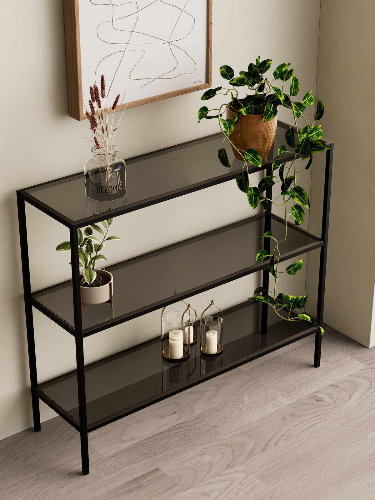 Sideboard mit drei Ablagen aus schwarzem Eisenrahmen und gehärtetem Glas, Masse 100 x 30 x 85 cm, Farbe Schwarz/Rauch.