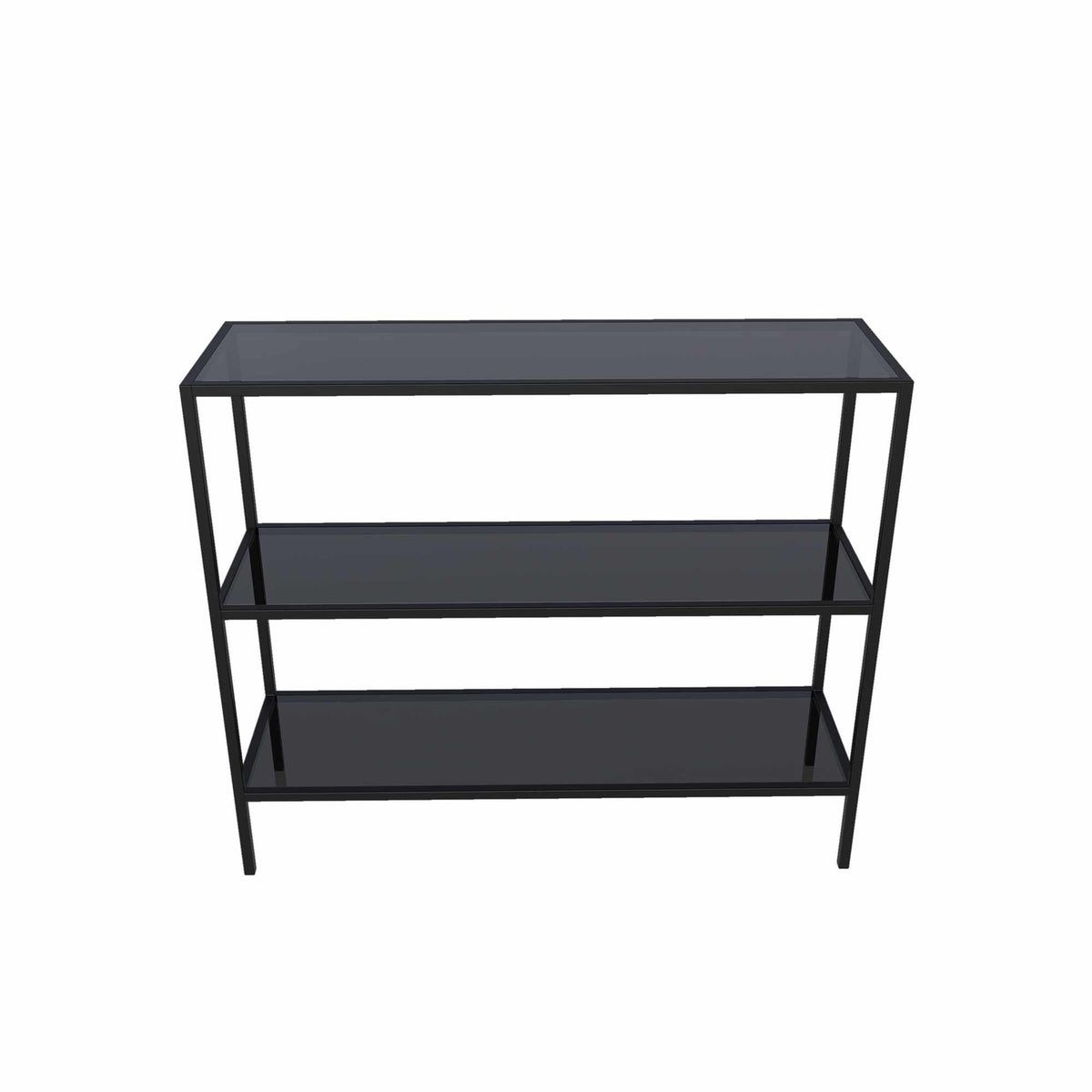 Sideboard mit drei Ablagen aus schwarzem Eisenrahmen und gehärtetem Glas, Masse 100 x 30 x 85 cm, Farbe Schwarz/Rauch.