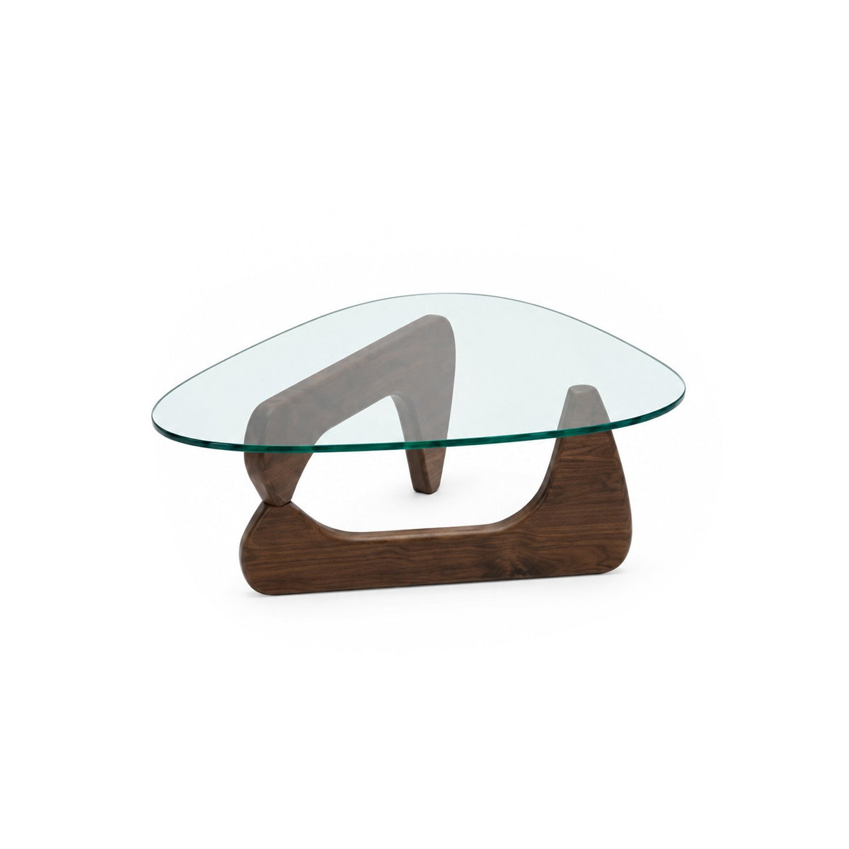 Couchtisch Asimetrik Table in Nussbaum mit Tischplatte aus gehärtetem Glas und Beinen aus Kiefernholz, asymmetrisches Design von Hanah Home.