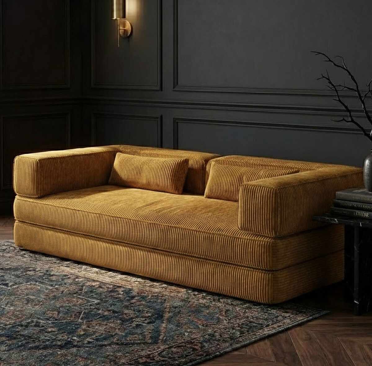 Senfgelbes 3-Sitzer-Sofa aus Polyester und Leinen mit Eisenstützstreben, zwei Kissen und abnehmbarem, waschbarem Bezug.