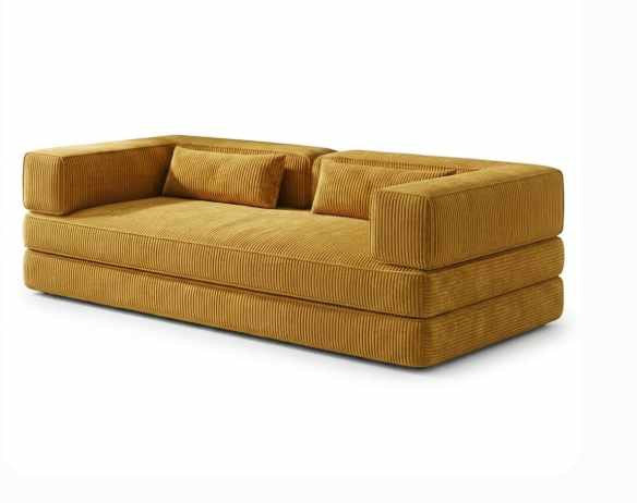 Senfgelbes 3-Sitzer-Sofa aus Polyester und Leinen mit Eisenstützstreben, zwei Kissen und abnehmbarem, waschbarem Bezug.