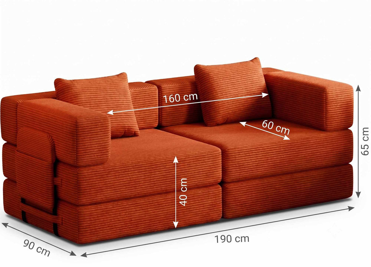 Ziegelrotes 3-Sitzer Schlafsofa aus Polyester-Leinen-Stoff mit Eisengestell, zwei Kissen und sichtbarer Sitz- sowie Liegefläche.