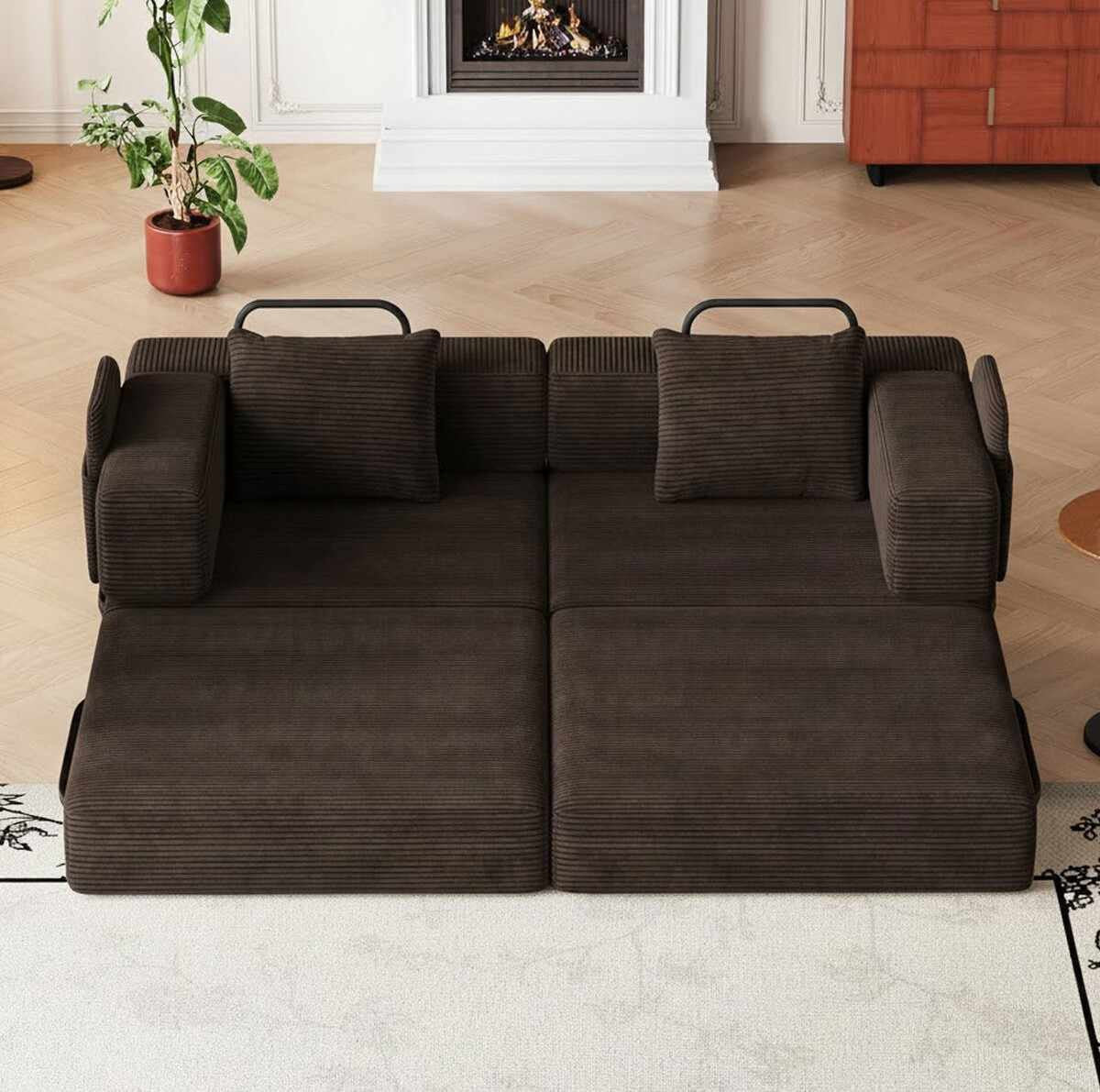 Braunes 3-Sitzer Schlafsofa aus Polyester und Leinen mit vier Eisen-Stützstreben, minimalistisches Design, zwei Kissen auf der Sitzfläche.