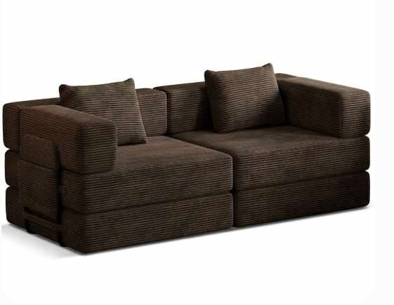 Braunes 3-Sitzer Schlafsofa aus Polyester und Leinen mit vier Eisen-Stützstreben, minimalistisches Design, zwei Kissen auf der Sitzfläche.