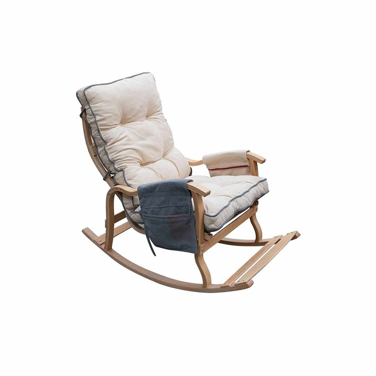 Schaukelstuhl Mosso in Grau/Creme von Hanah Home mit Gestell aus Hainbuchen-Sperrholz und gepolstertem Sitz aus Polyester-Stoff.