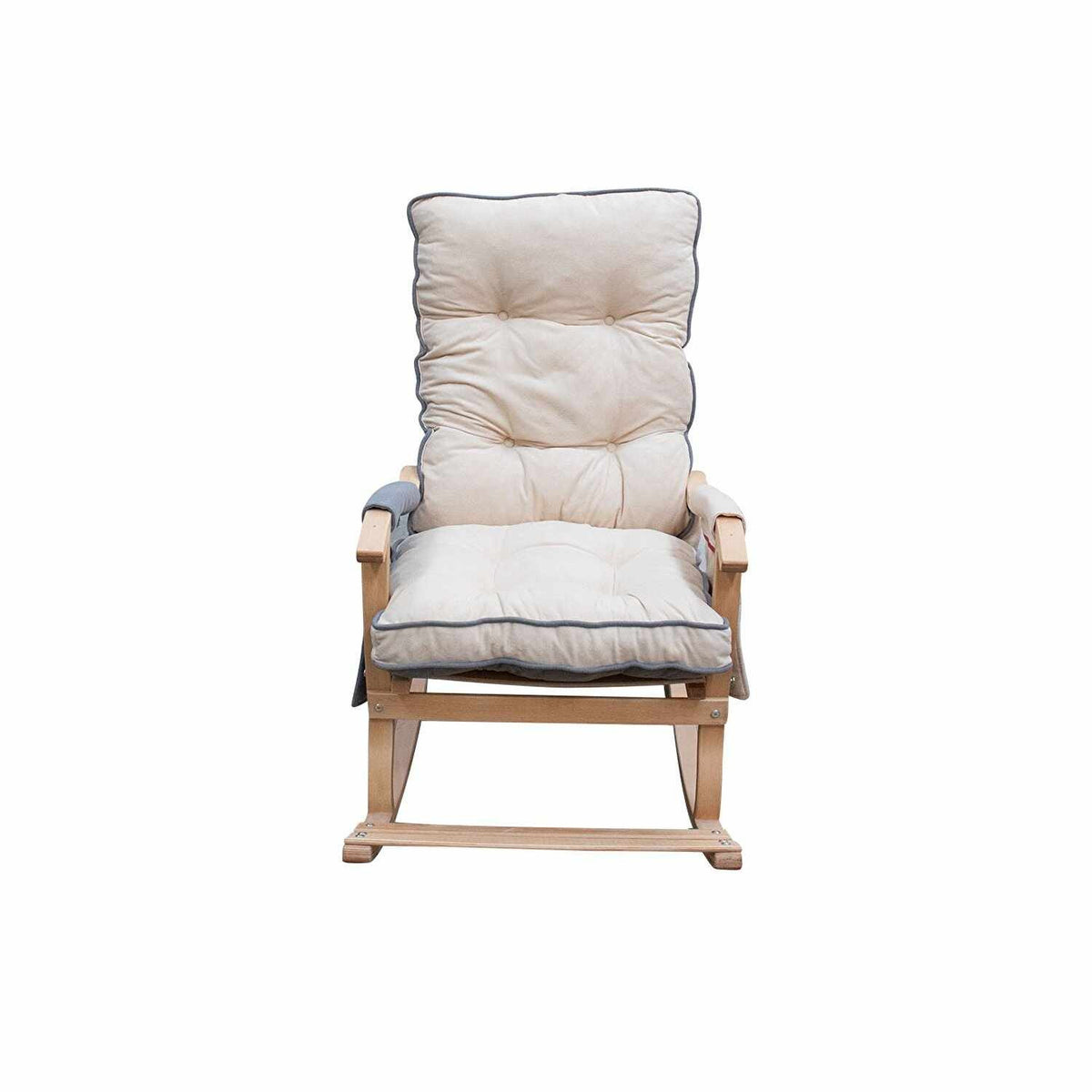Schaukelstuhl Mosso in Grau/Creme von Hanah Home mit Gestell aus Hainbuchen-Sperrholz und gepolstertem Sitz aus Polyester-Stoff.