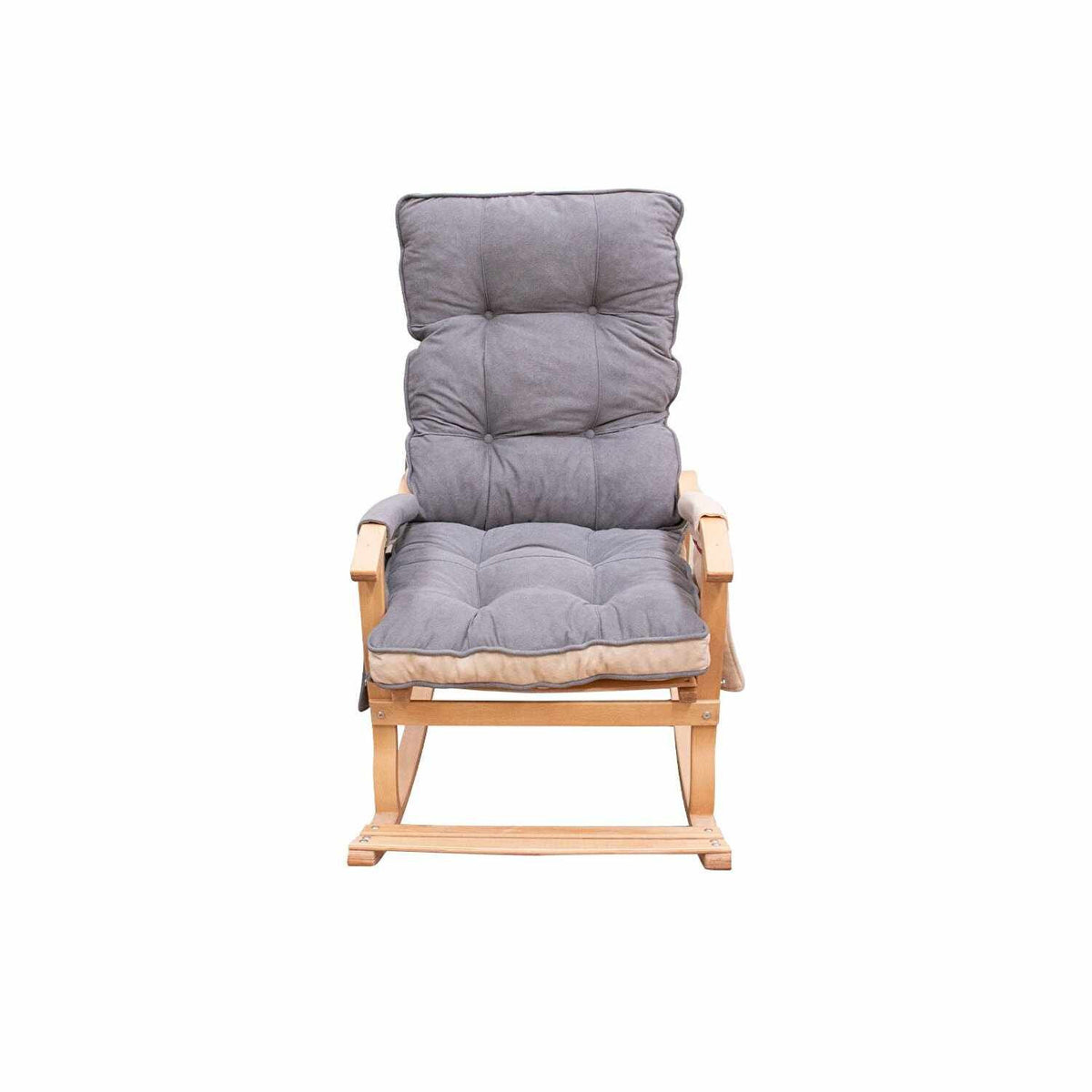Schaukelstuhl Mosso in Grau/Creme von Hanah Home mit Gestell aus Hainbuchen-Sperrholz und gepolstertem Sitz aus Polyester-Stoff.