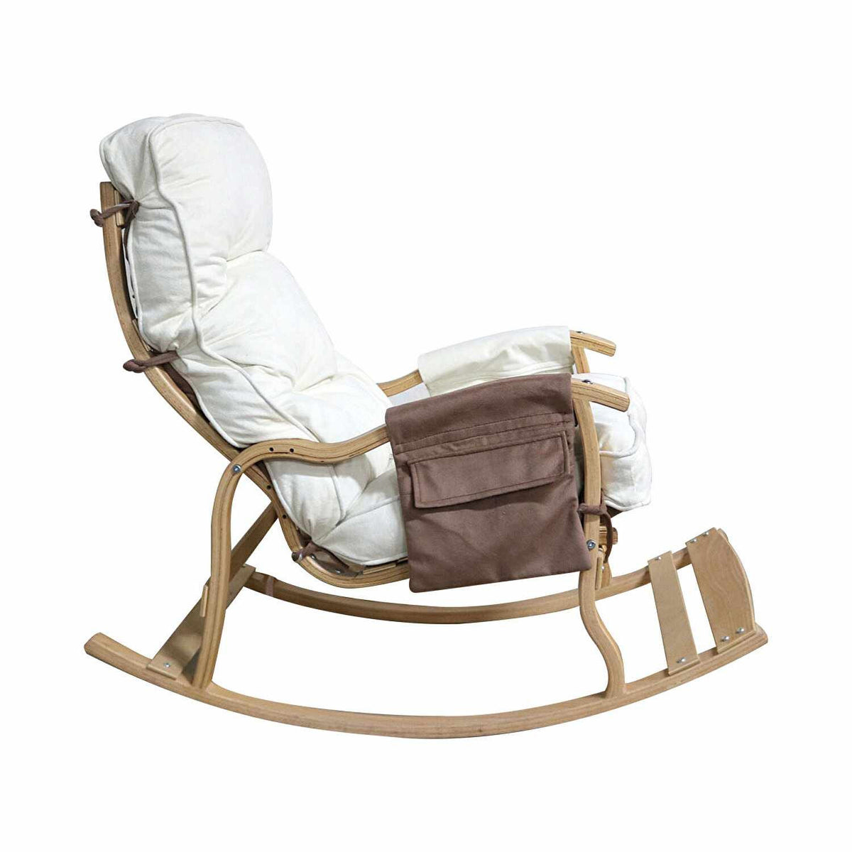Foto des Mosso Schaukelstuhls von Hanah Home in Braun/Creme, Gestell aus Hainbuchen-Sperrholz, Sitzfläche mit Schaumstoffpolsterung und Polyesterbezug.