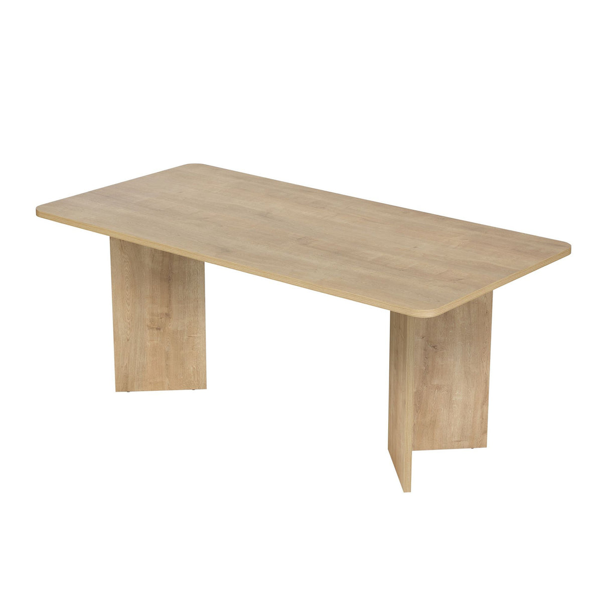 Rechteckiger Esstisch aus melaminbeschichteter Spanplatte in Honig-Eiche, Masse 180x90x75 cm, schlichtes, modernes Design für den Esstisch-Bereich.