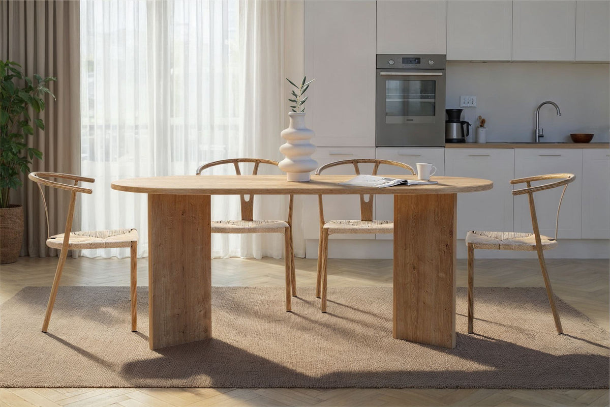 Esstisch Sablin von Nordure in Saphir-Eiche, rechteckige Tischplatte aus melaminbeschichteter Spanplatte, 180x90 cm, 75 cm hoch.
