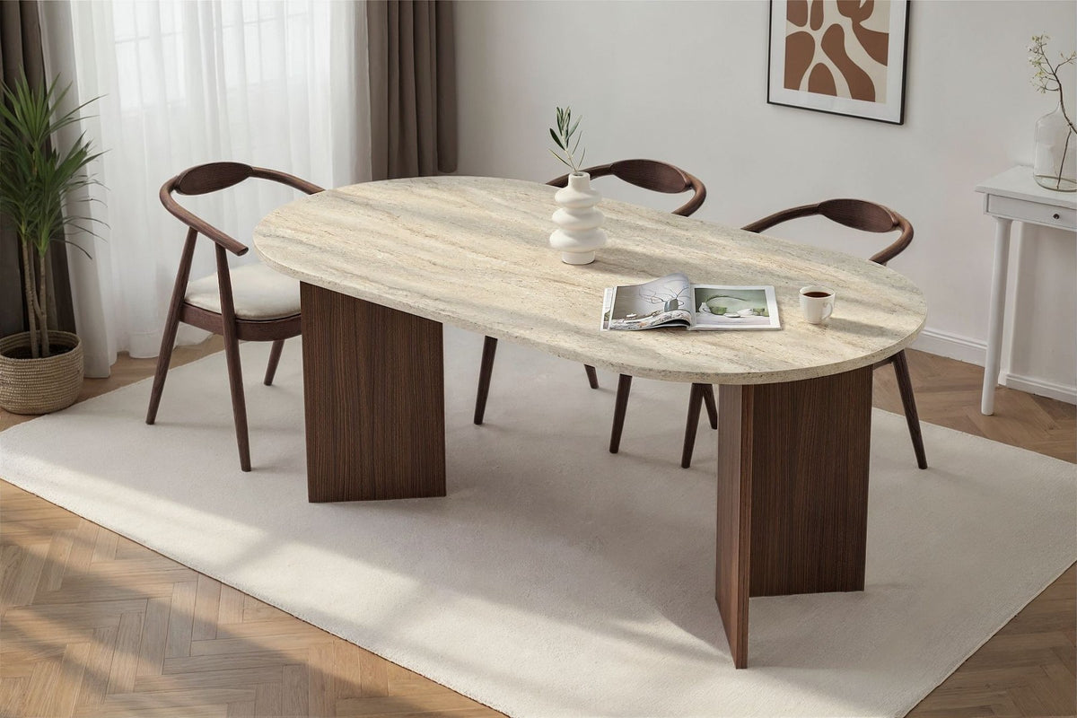 Rechteckiger Esstisch mit Tischplatte in Travertin-Optik und Milano-Walnuss-Farbton, Masse 180x90x75 cm, aus melaminbeschichteter Spanplatte.