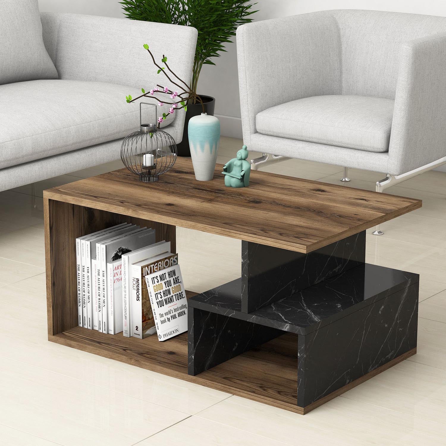 Arte 2040 in Dunkles Walnuss Holz Schwarz Marmor präsentiert im Onlineshop von KAQTU Design AG. Beistelltisch ist von Hanah Home