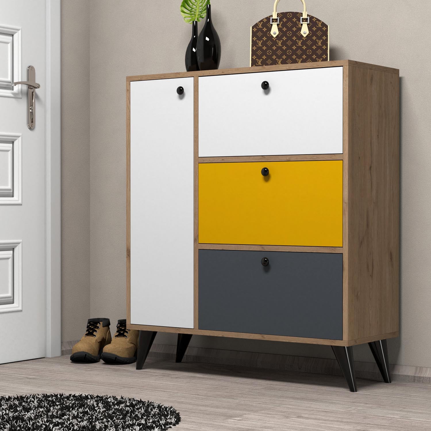 Bella 1804 in Eiche Weiss Gelb Anthrazit präsentiert im Onlineshop von KAQTU Design AG. Schuhschrank ist von Hanah Home