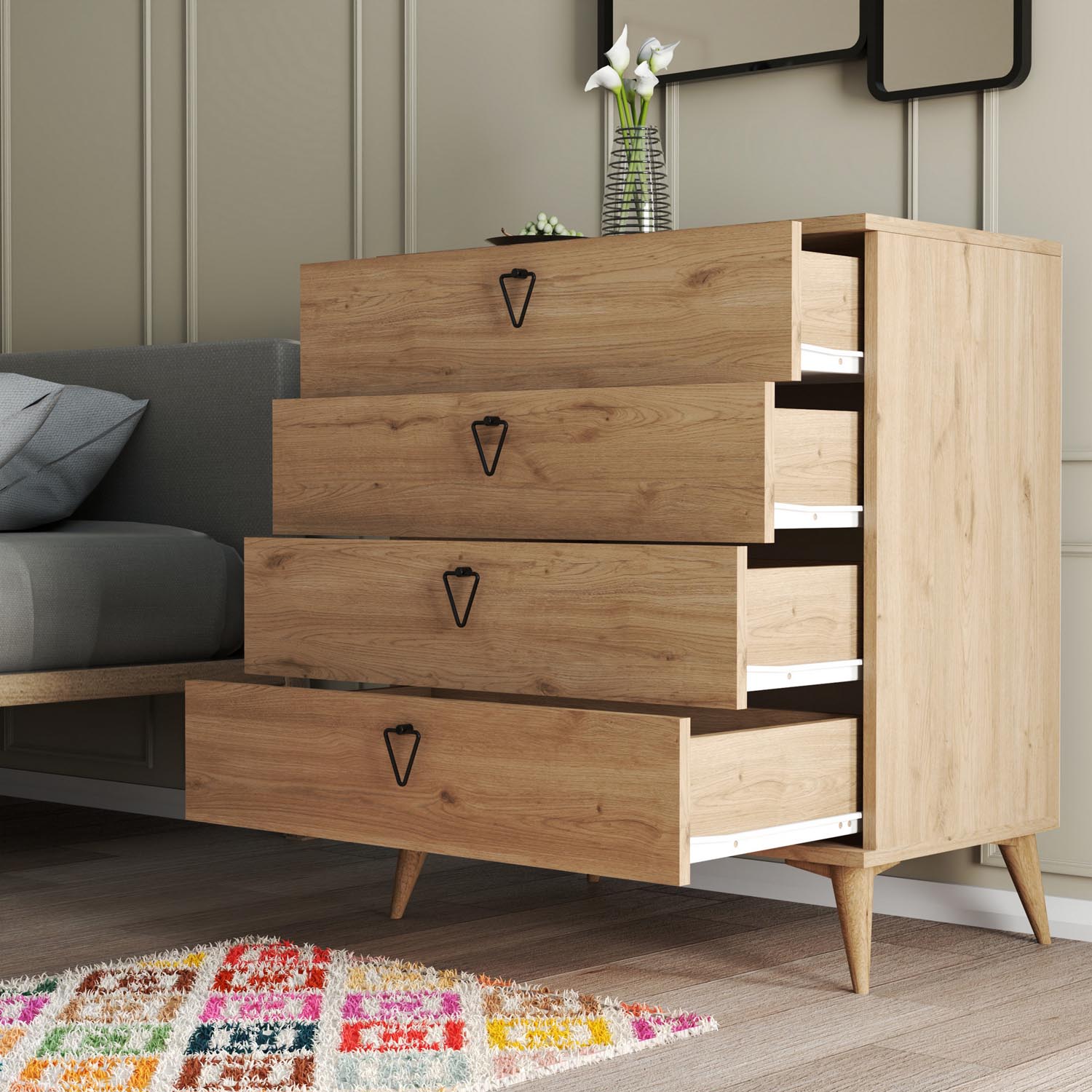 Entdecken Sie die Versa-Ce 3612 von Hanah Home – eine stilvolle Eichenkommode, die Ihr Schlafzimmer mit natürlicher Eleganz und viel Stauraum bereichert.