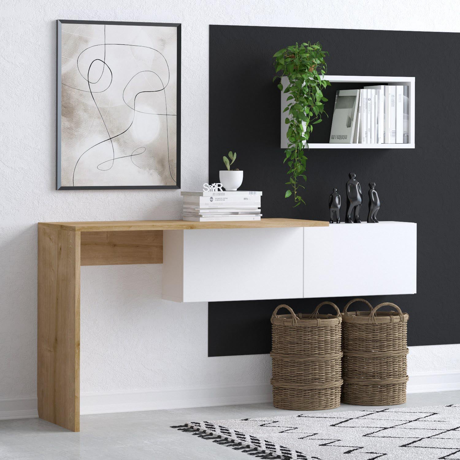 Verleihen Sie Ihrem Büro mit dem eleganten Tiff Schreibtisch von Hanah Home in Weiß-Eiche einen Hauch von Stil und Effizienz!
