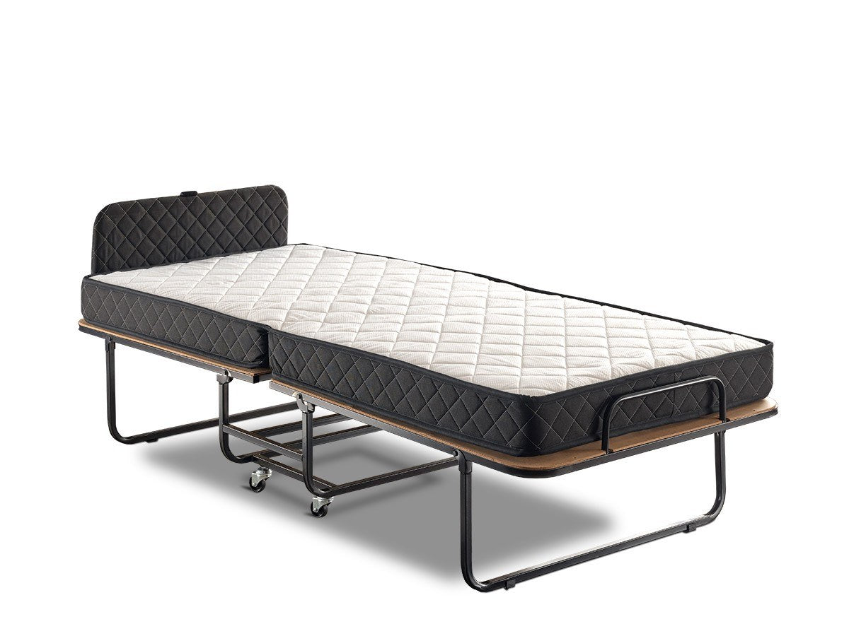 Entdecken Sie das praktische XL Klappbett von Hanah Home in stilvollem Weiß und Schwarz. Ideal für kleine Räume, bietet es Komfort und Eleganz für jeden Bedarf.