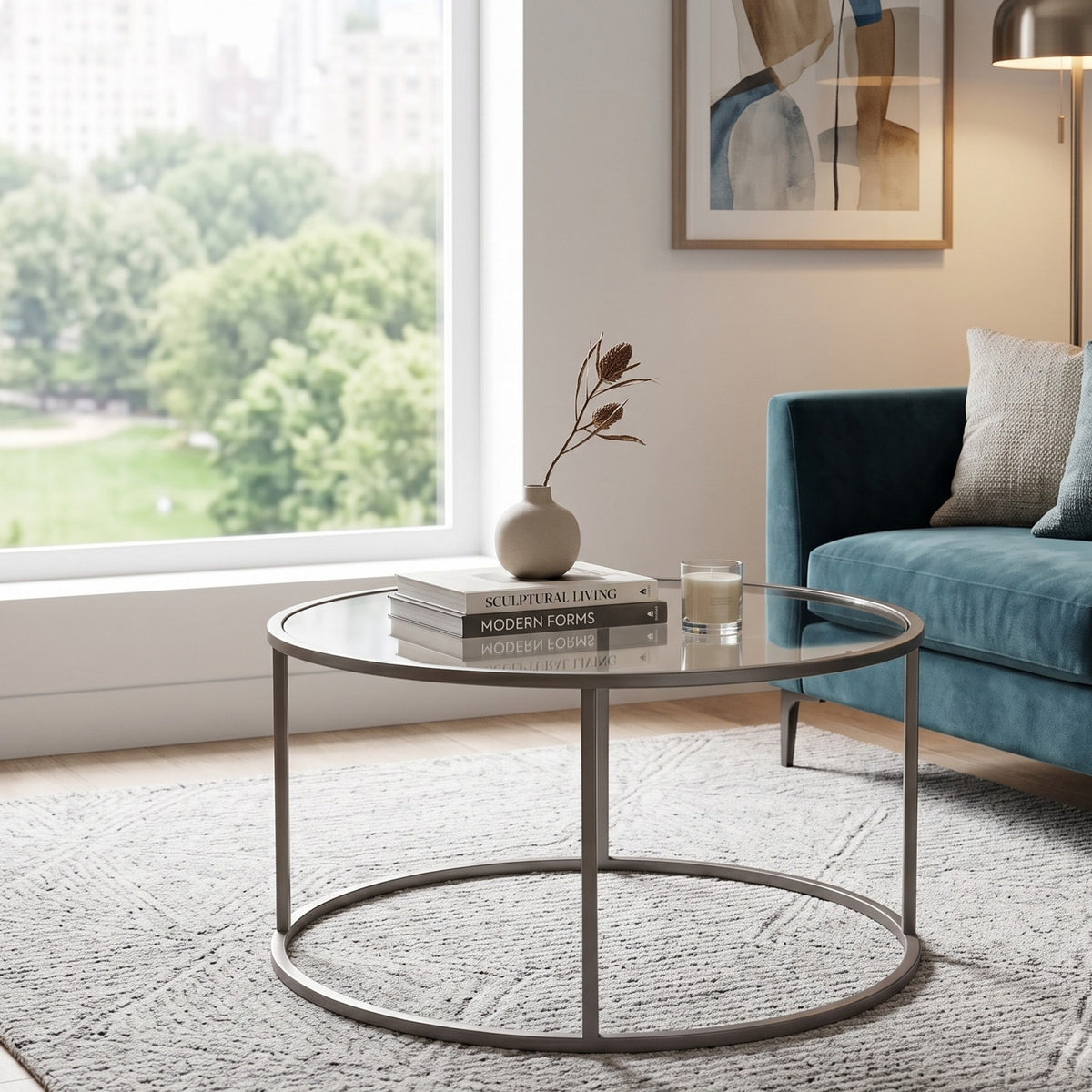 Grauer Couchtisch aus gehärtetem Glas mit Metallgestell, quadratische Form, Grösse 80x80x43 cm, minimalistisches Design.