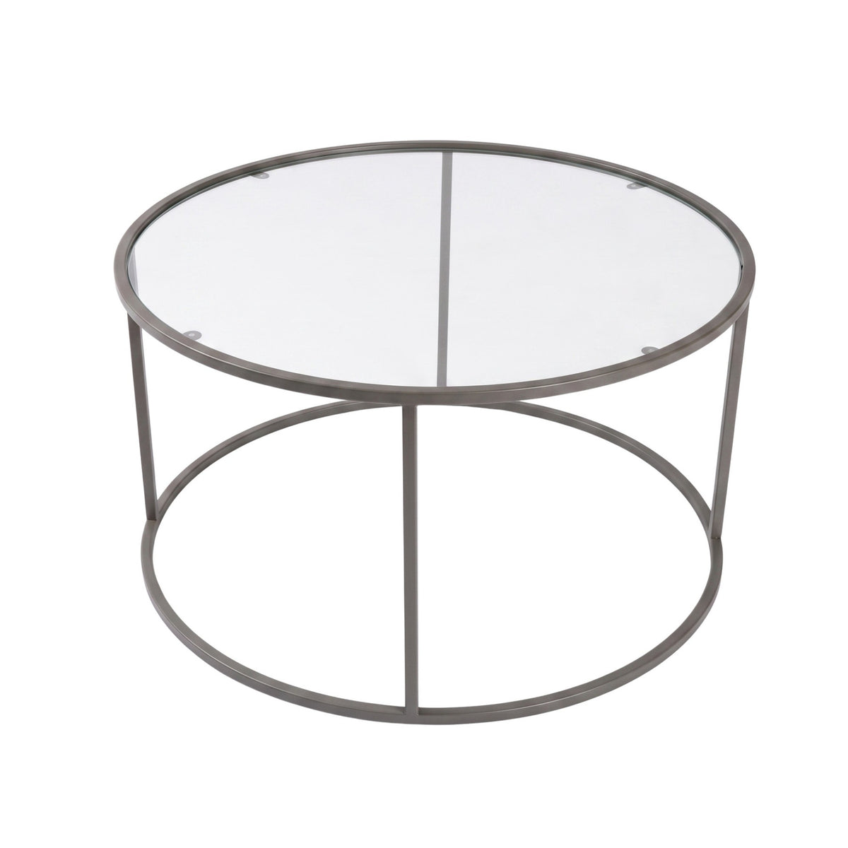 Grauer Couchtisch aus gehärtetem Glas mit Metallgestell, quadratische Form, Grösse 80x80x43 cm, minimalistisches Design.