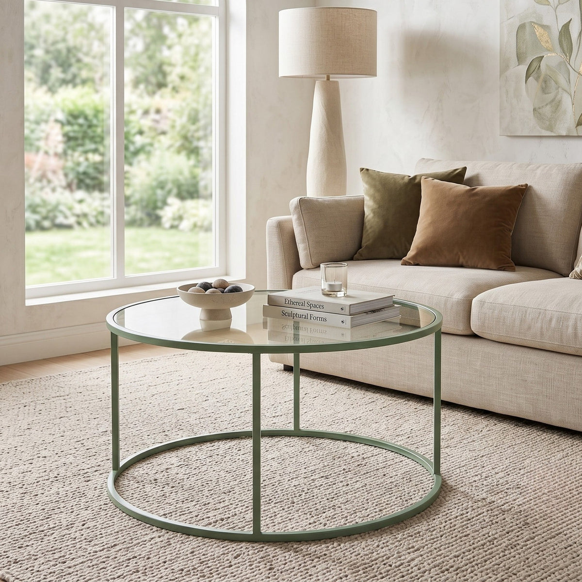 Quadratischer Couchtisch mit mintfarbenem Metallgestell und transparenter Glasplatte aus gehärtetem Glas, Masse 80x80x43 cm.