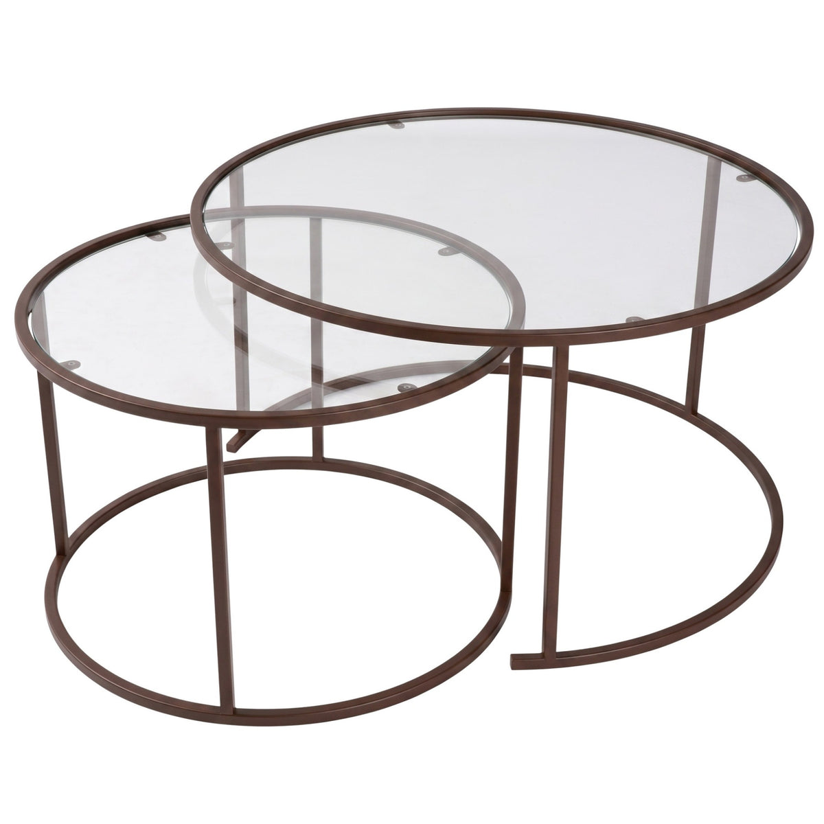 Zweiteiliges Couchtisch-Set aus gehärtetem Glas und Metallgestell in Braun, bestehend aus einem kleinen und einem grossen Tisch.