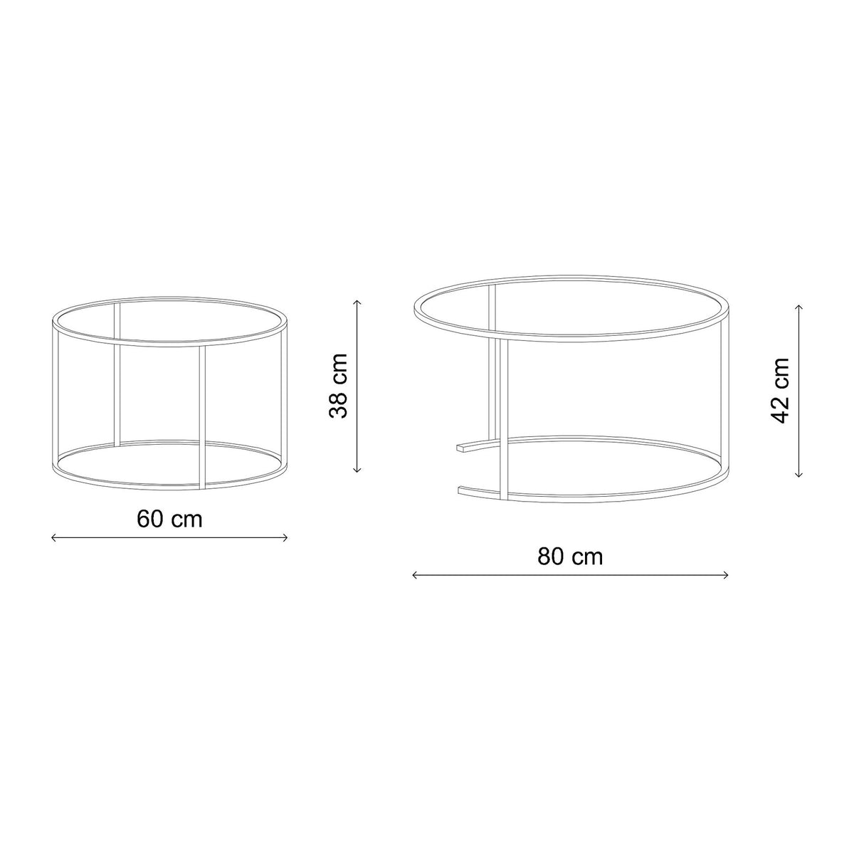Zwei orangefarbene Couchtische von Hanah Home mit Platten aus gehärtetem Glas und schlankem Metallgestell, unterschiedlich gross, freigestellt.