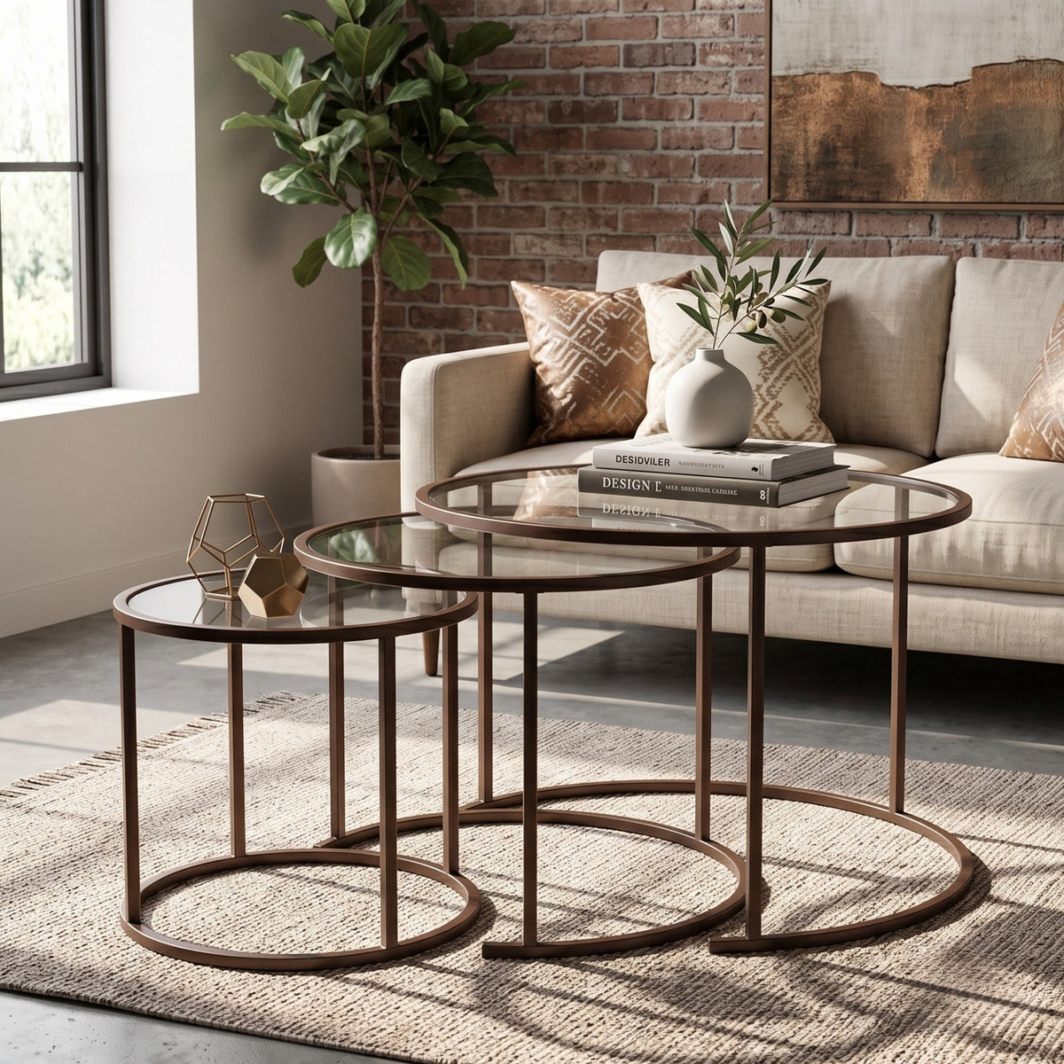 Dreiteiliges Couchtisch-Set von Hanah Home in Braun mit Glasplatten und Metallgestell, drei unterschiedlich grosse Tische ineinander gestellt.