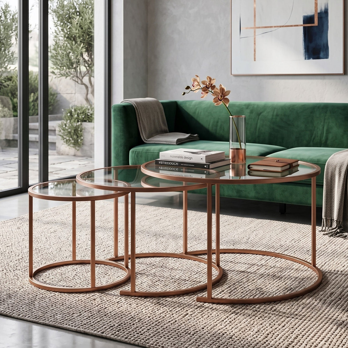 Drei orangefarbene Couchtische von Hanah Home aus gehärtetem Glas mit Metallgestell, unterschiedliche Grössen, gestapelt nebeneinander.