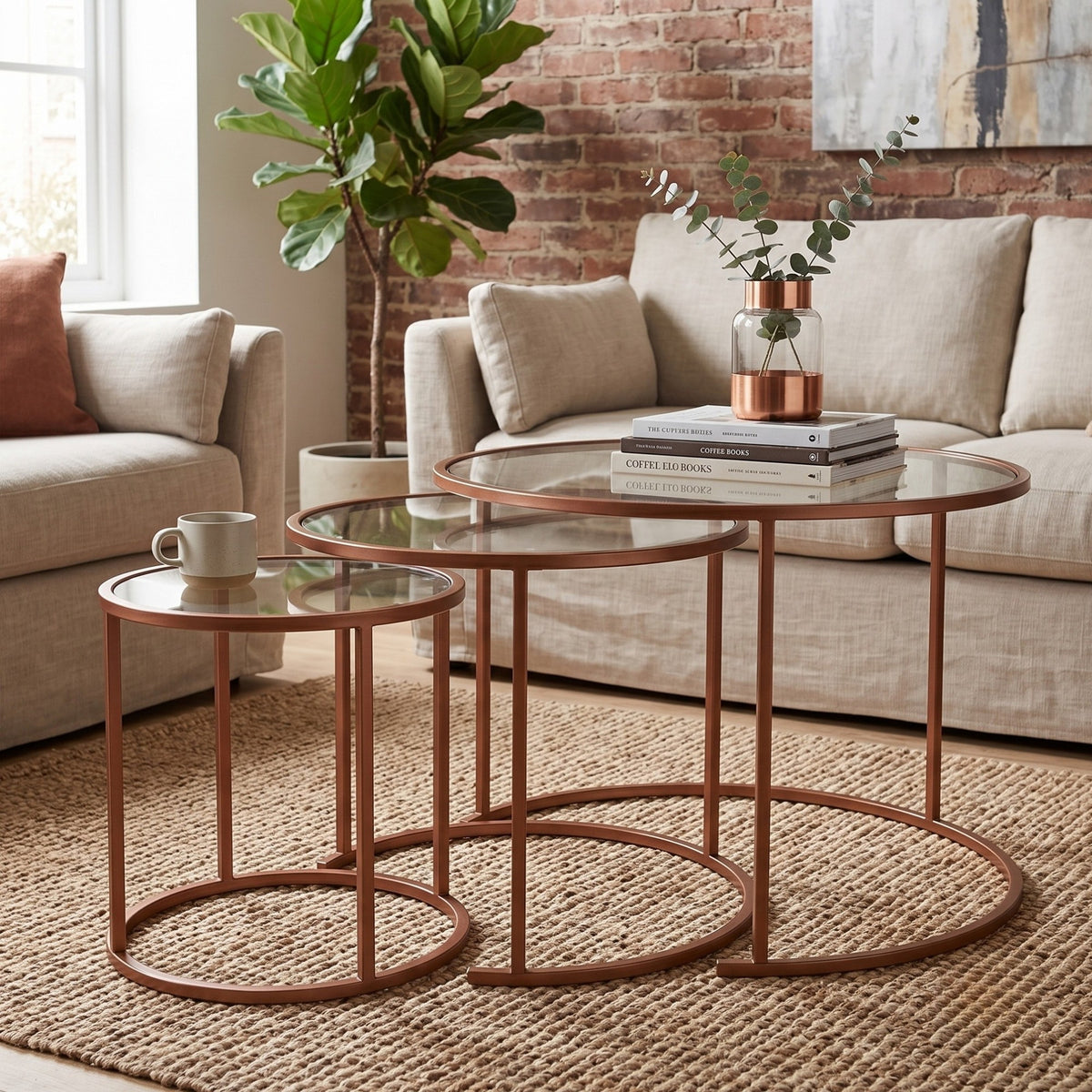 Drei orangefarbene Couchtische von Hanah Home aus gehärtetem Glas mit Metallgestell, unterschiedliche Grössen, gestapelt nebeneinander.