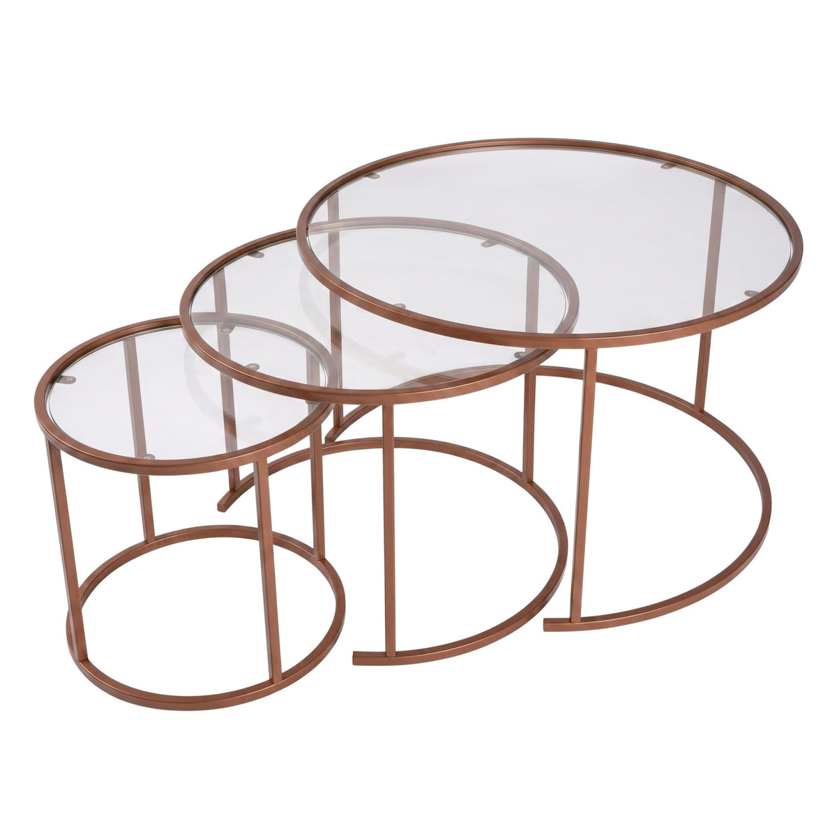Drei orangefarbene Couchtische von Hanah Home aus gehärtetem Glas mit Metallgestell, unterschiedliche Grössen, gestapelt nebeneinander.