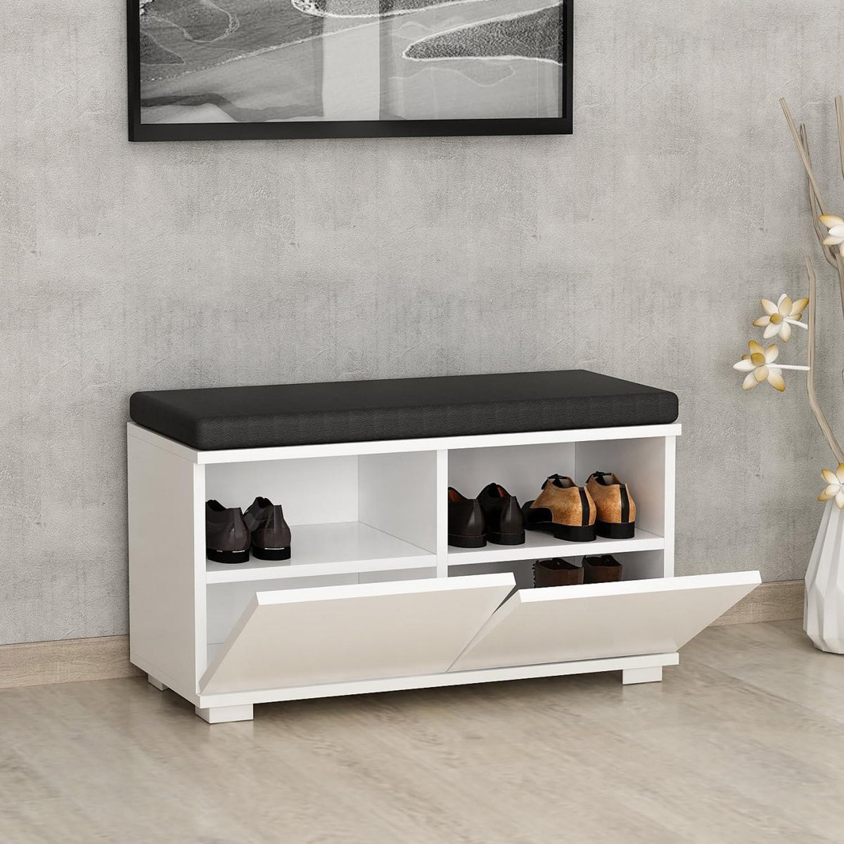 Drago Schuhschrank - Weiss in Weiss präsentiert im Onlineshop von KAQTU Design AG. Schuhbank ist von Hanah Home