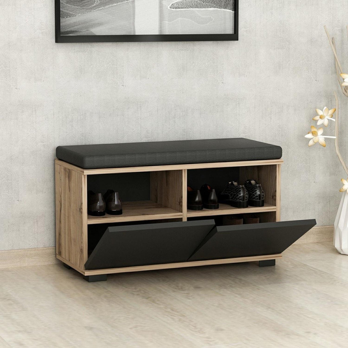 Drago Schuhschrank - Walnuss Schwarz in Walnuss Schwarz präsentiert im Onlineshop von KAQTU Design AG. Schuhbank ist von Hanah Home