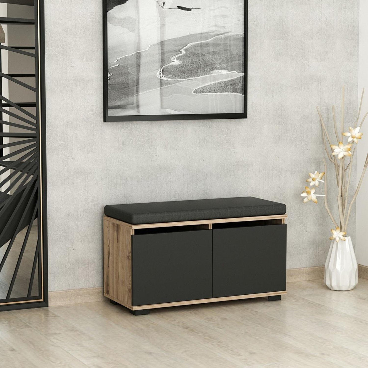 Drago Schuhschrank - Walnuss Schwarz in Walnuss Schwarz präsentiert im Onlineshop von KAQTU Design AG. Schuhbank ist von Hanah Home