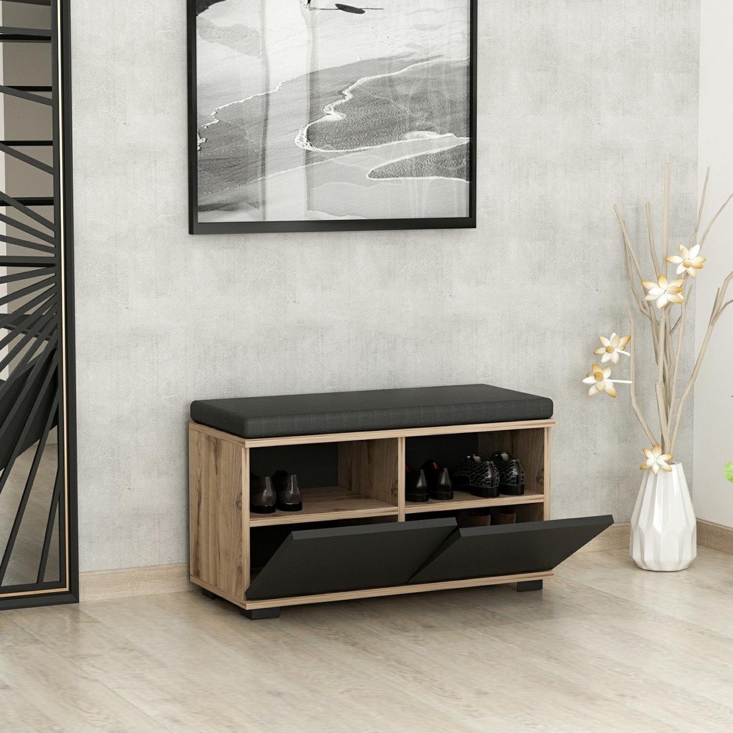Drago - Walnut, Black in Walnuss Schwarz präsentiert im Onlineshop von KAQTU Design AG. Schuhschrank ist von Hanah Home