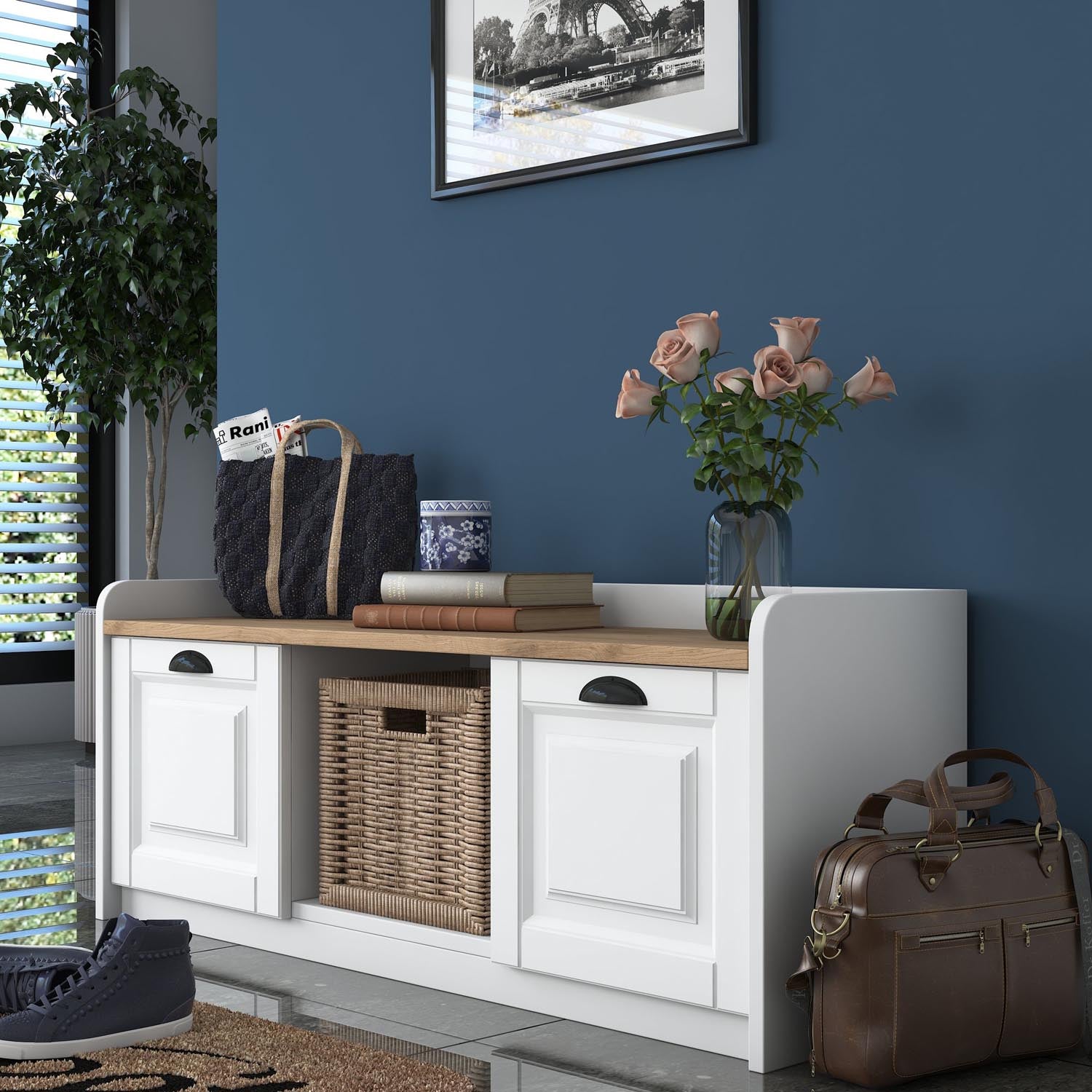 Verleihen Sie Ihrem Zuhause mit dem P2 Schuhschrank von Hanah Home in Weiß und Walnuss einen Hauch von Eleganz und Ordnung!
