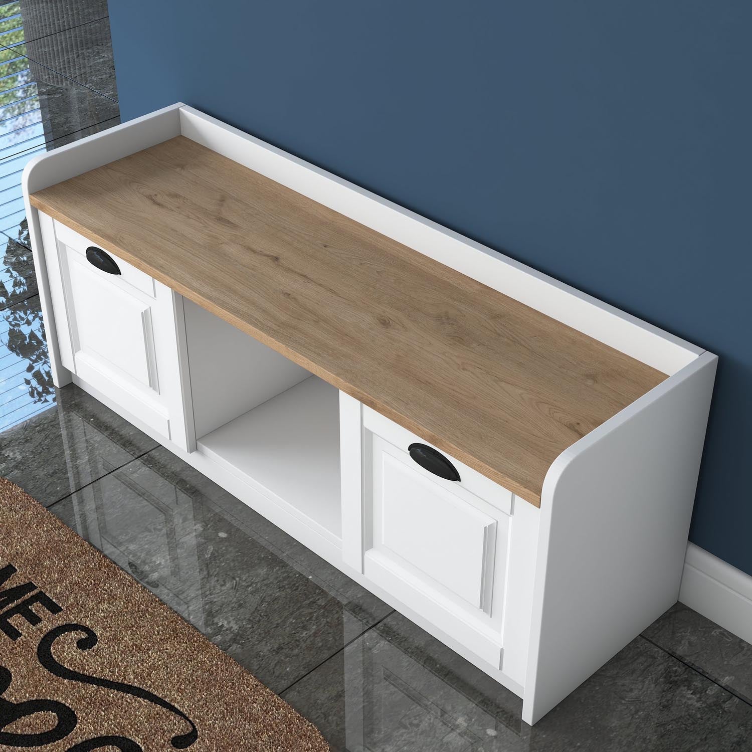 Erleben Sie den P2 Schuhschrank von Hanah Home in elegantem Weiß und Walnuss – perfekter Stauraum für Ihre Schuhe und stilvolle Ordnung!