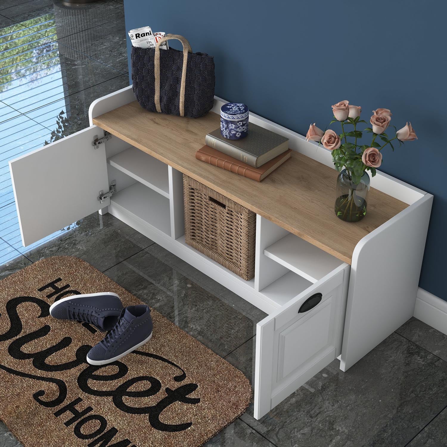 Verleihen Sie Ihrem Zuhause mit dem P2 Schuhschrank von Hanah Home in elegantem Weiß und Walnuss einen Hauch von Stil und Ordnung!