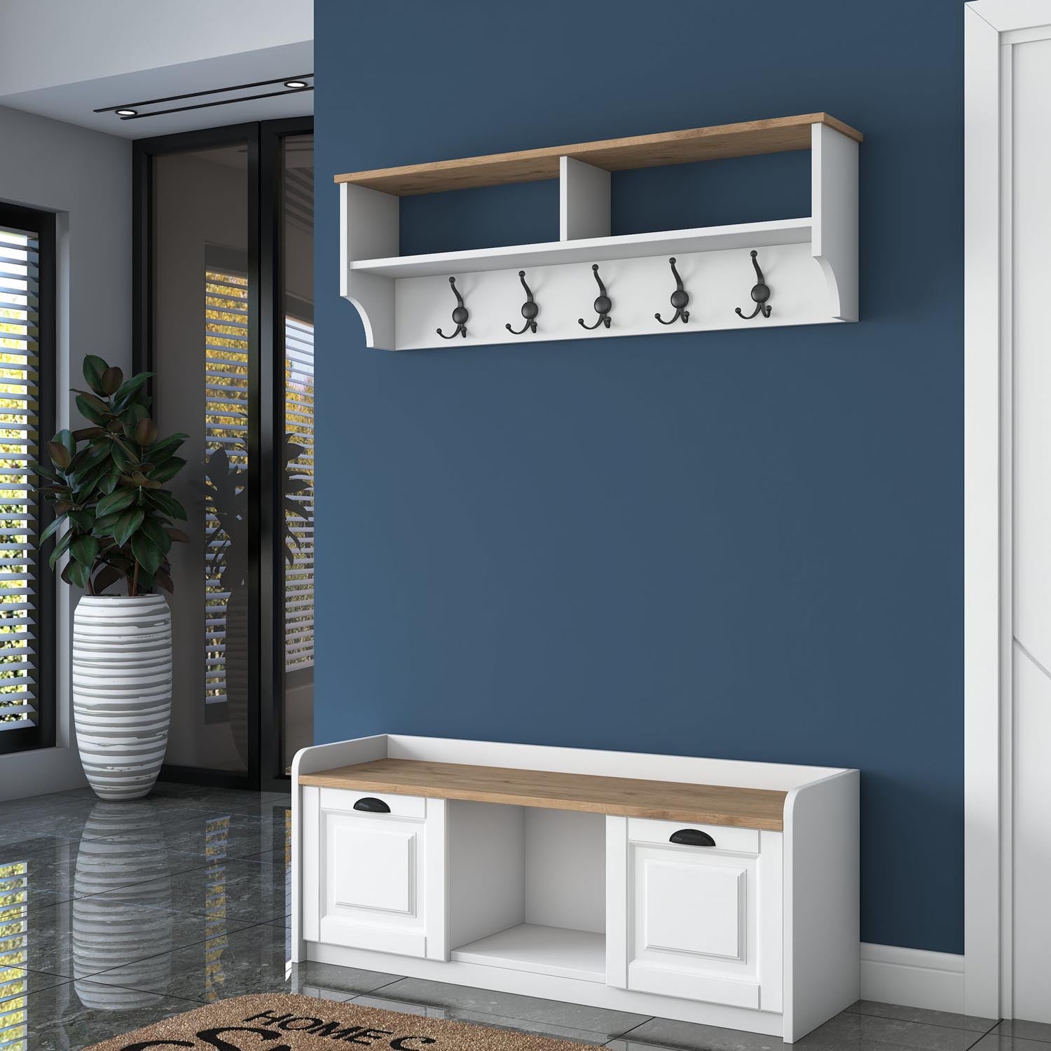 Stilvoller Dielenständer P2 von Hanah Home in edlem Weiß und Walnuss. Perfekte Lösung für einen eleganten und aufgeräumten Eingangsbereich.