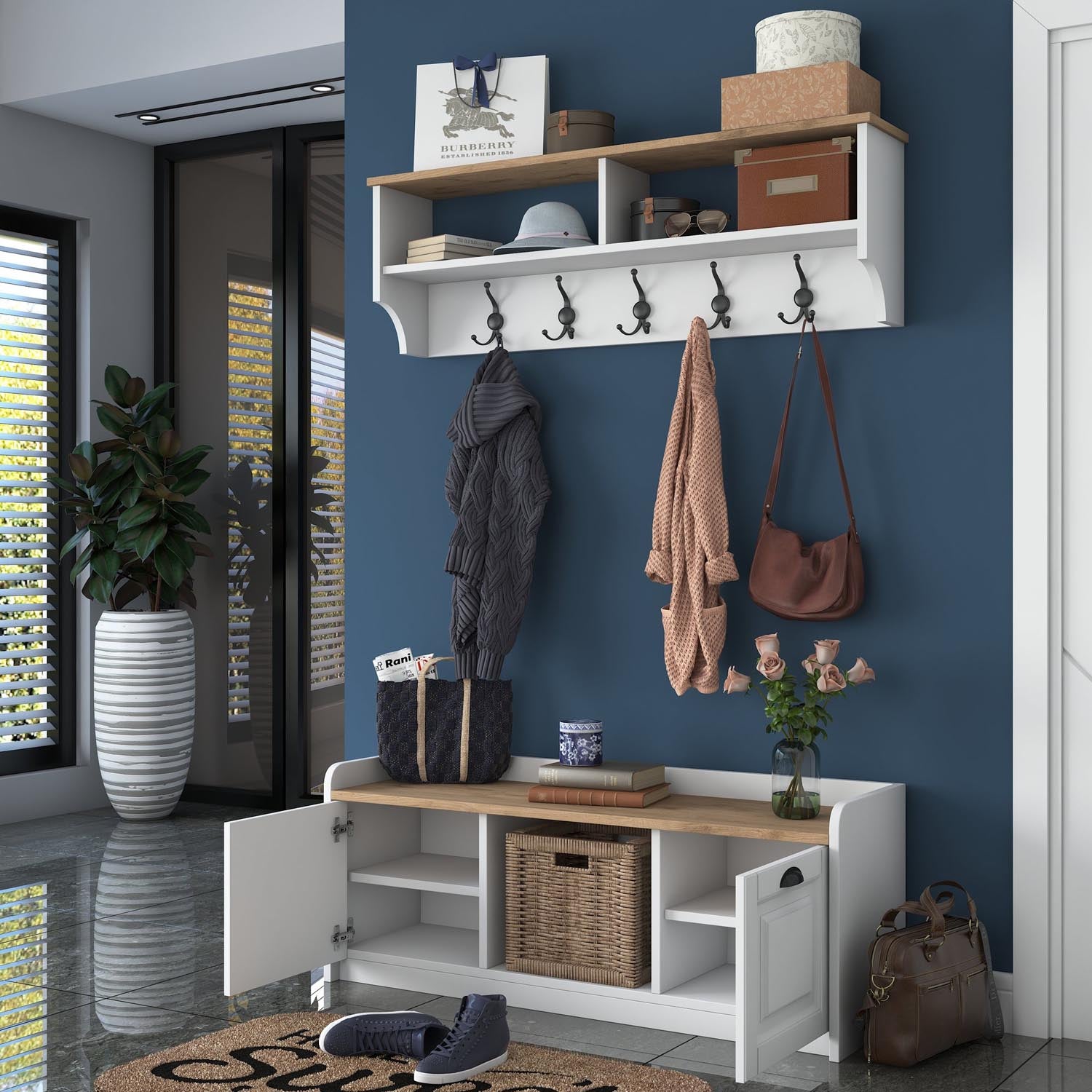 Eleganter Dielenständer P2 von Hanah Home in Weiß und Walnuss. Ideal für einen stilvollen und organisierten Eingangsbereich.