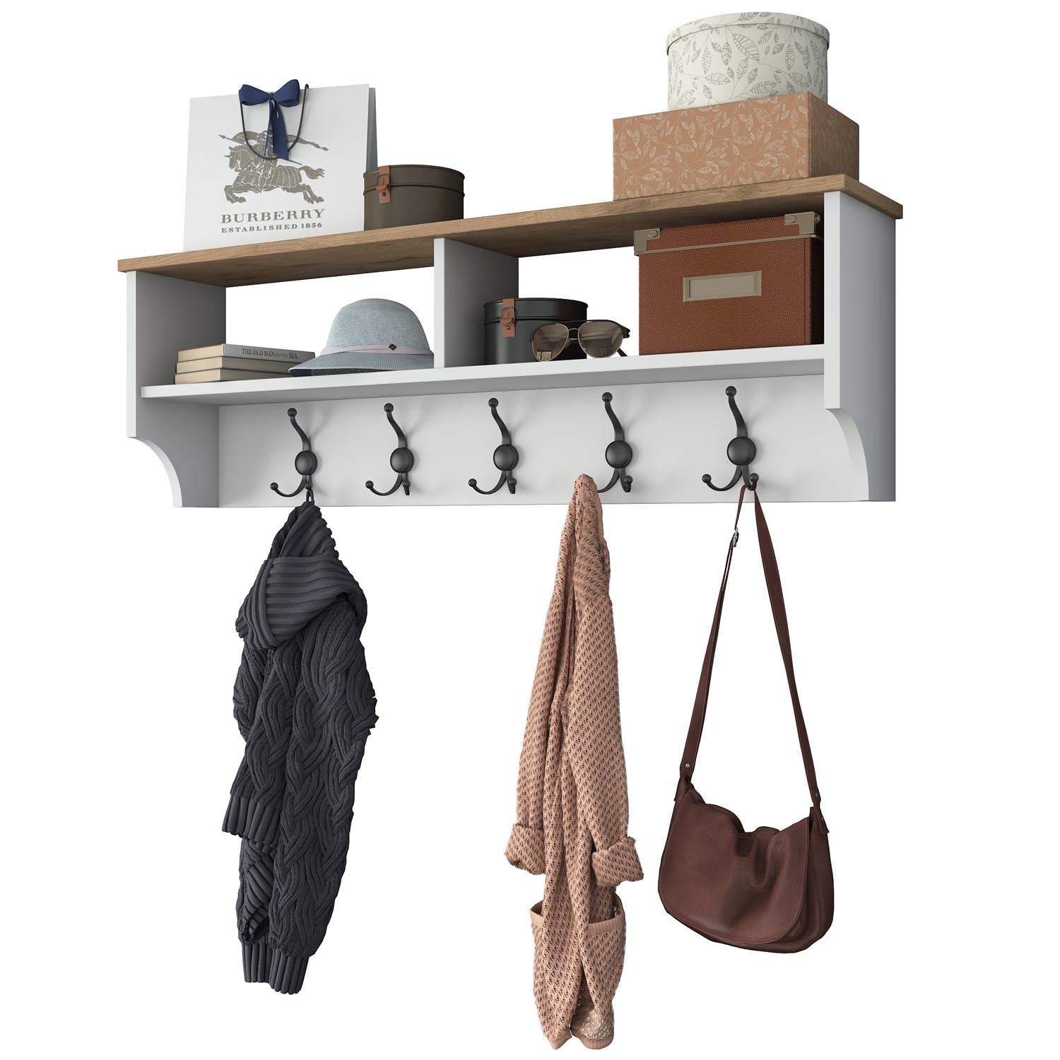 Verleihen Sie Ihrem Flur mit der P2 Garderobe von Hanah Home einen modernen Look. Funktionalität trifft auf elegantes Design in Weiß und Walnuss!