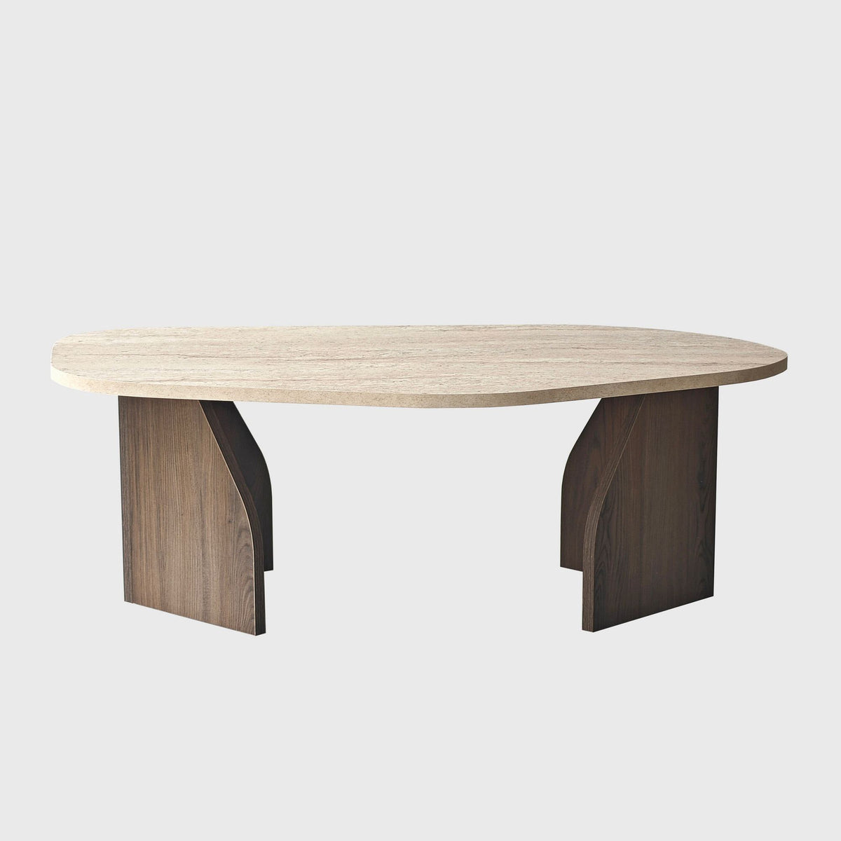 Foto des Rock Couchtisches von Hanah Home mit Platte in Travertin- und Nussbaum-Optik, rechteckige Form, niedrige Bauweise.