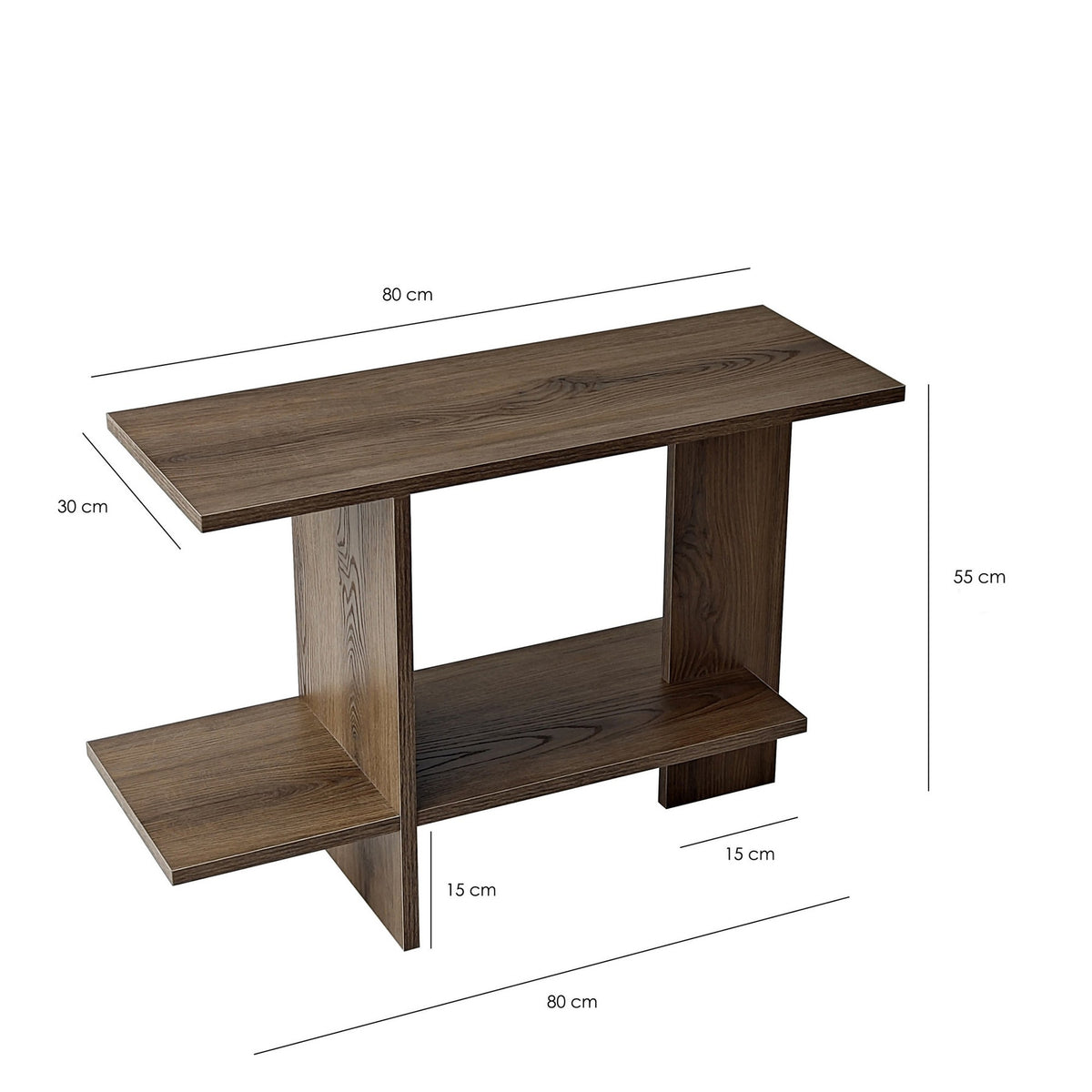 Beistelltisch aus 100% Melaminspanplatte in Nussbaum-Optik mit Tischplatte und unterem Regal, Masse 80 x 30 x 55 cm.