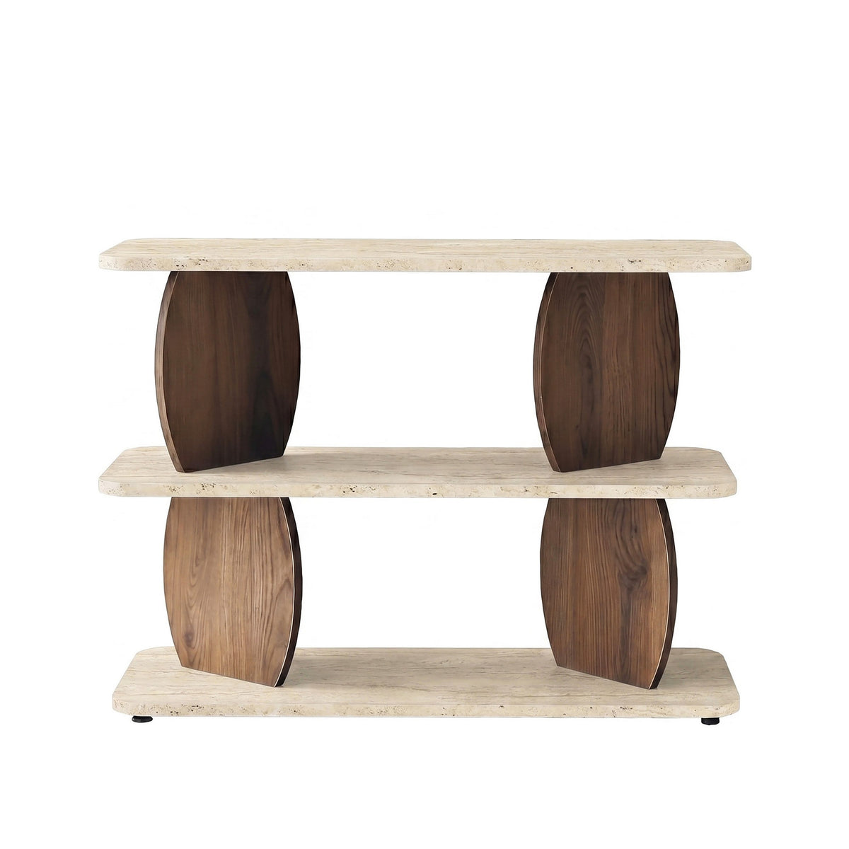 Beistelltisch mit Tischplatte in Travertin-Optik und Gestell in Walnuss-Optik, rechteckige Form, Masse 90 x 30 x 70 cm.