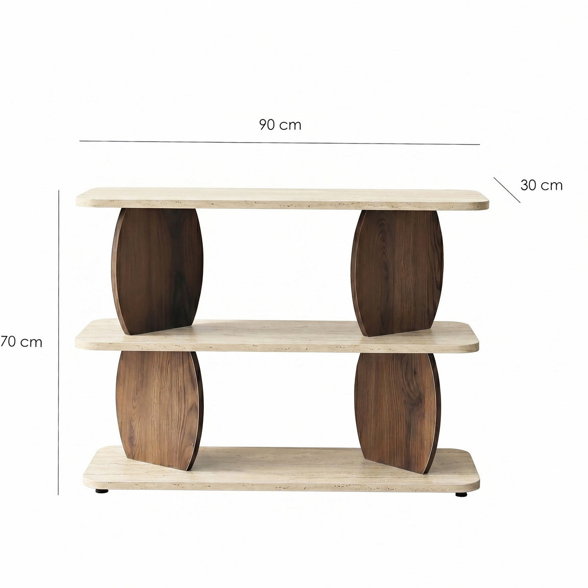 Beistelltisch mit Tischplatte in Travertin-Optik und Gestell in Walnuss-Optik, rechteckige Form, Masse 90 x 30 x 70 cm.