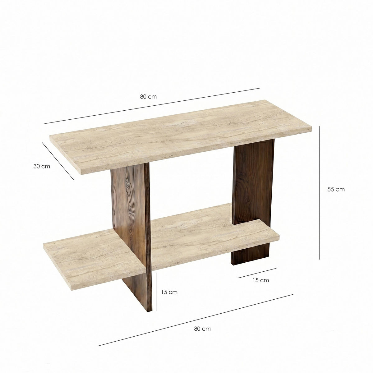 Beistelltisch mit rechteckiger Platte in Travertin-Optik und Nussbaum-Gestell, Melamin-Spanplatte, Masse 80 x 30 x 55 cm.