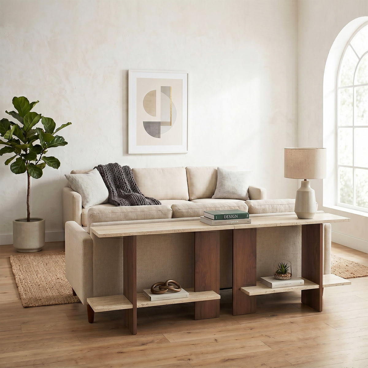 Beistelltisch mit rechteckiger Platte in Travertin-Optik und Nussbaum-Gestell, Melamin-Spanplatte, Masse 80 x 30 x 55 cm.