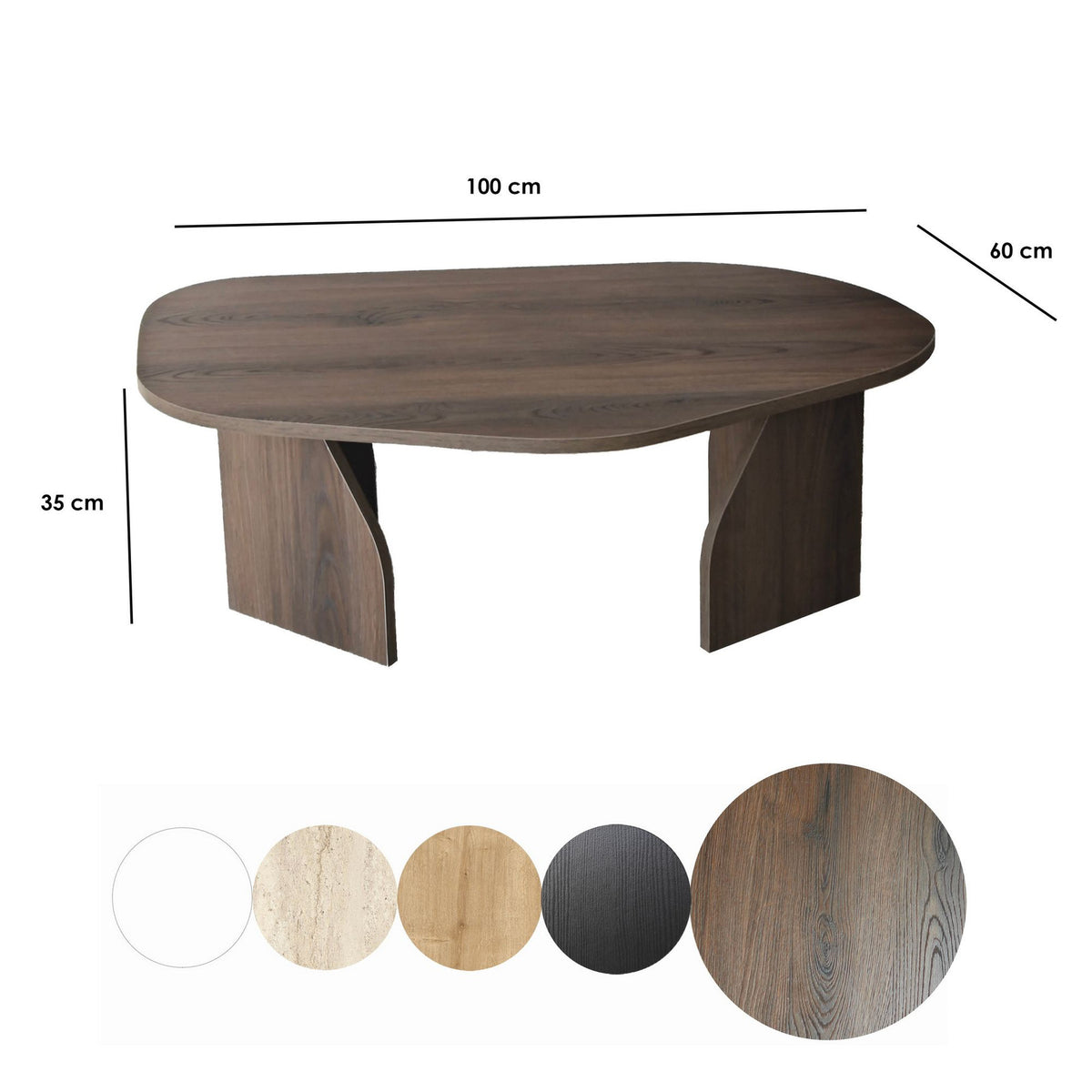 Rechteckiger Couchtisch in Nussbaum-Optik mit schlankem Gestell aus melaminbeschichteter Spanplatte, Masse 100x60x35 cm.