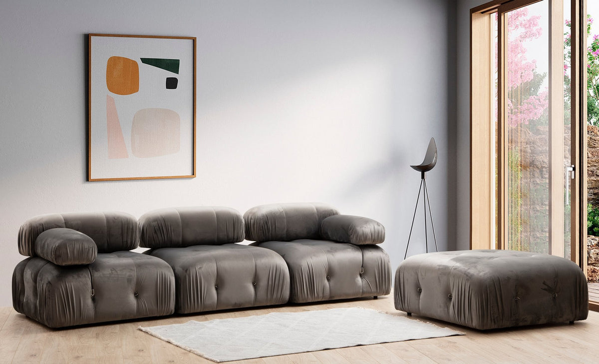 Grauer Bubble Pouf Tuffet von Atelier Del Sofa mit Polyesterbezug, Buchenholzgestell und schwarzen Kunststoffbeinen, runde Form