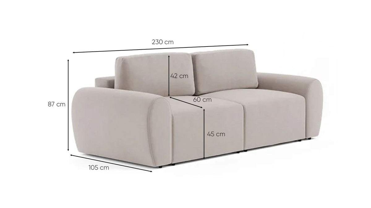 Ecrufarbenes 3-Sitzer Sofa Mono P mit Buchenholzgestell, Kunststoffbeinen und gepolsterten Sitzkissen, Sitzhöhe 45 cm, Frontalansicht.
